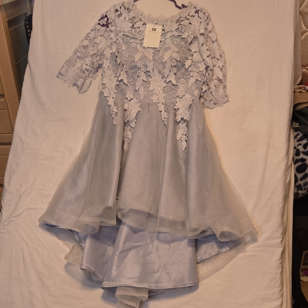 Silver High-Low Formal Dress with Bateau Neckline